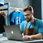 Small business owner in a custom t-shirt printing studio using a laptop beside a heat press and screen-printing carousel, with colorful ink jars and stacks of blank shirts softly blurred in natural daylight.