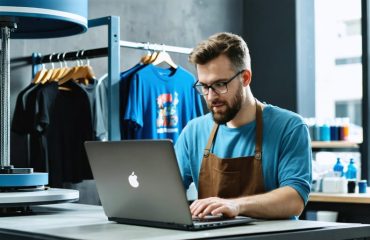 Small business owner in a custom t-shirt printing studio using a laptop beside a heat press and screen-printing carousel, with colorful ink jars and stacks of blank shirts softly blurred in natural daylight.