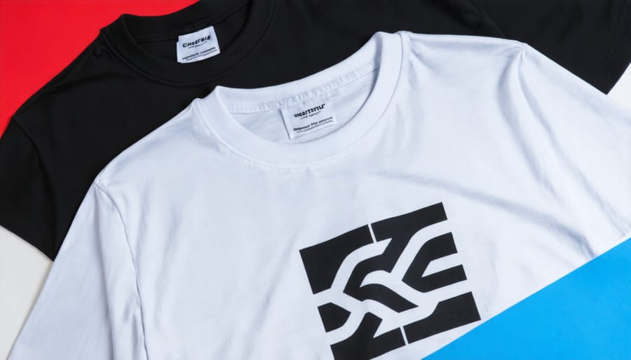 Collection of colorful custom printed t-shirts displayed on retail rack