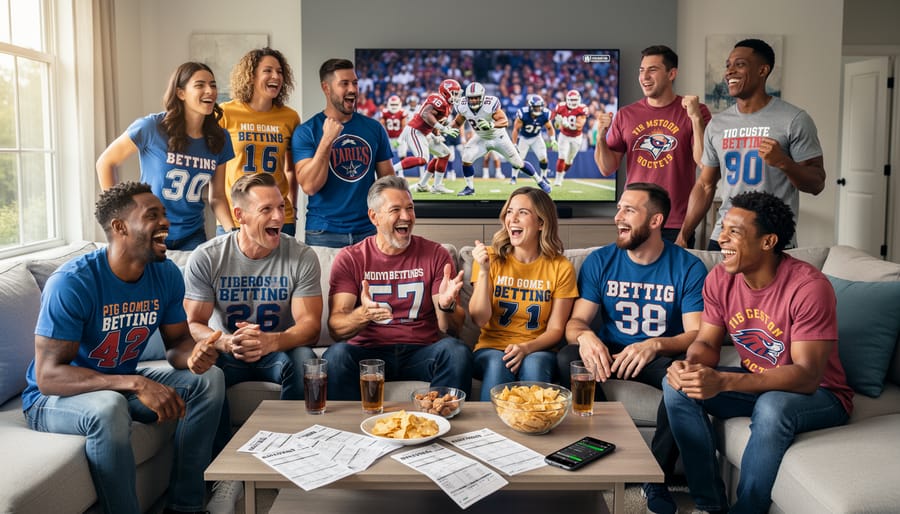 Group of friends wearing matching custom sports betting t-shirts at sports bar watch party