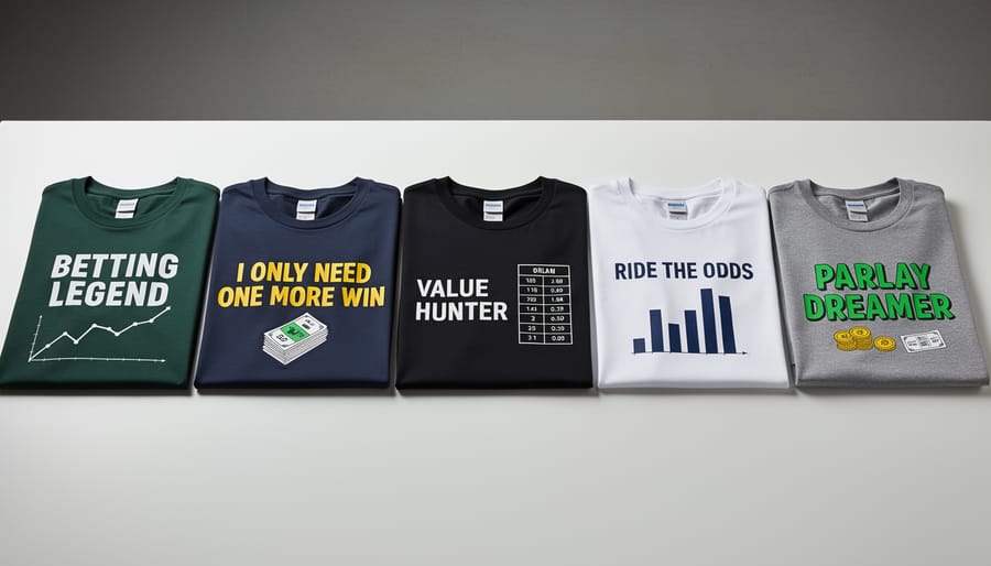 Three custom sports betting t-shirts showing different design styles laid flat on wooden surface