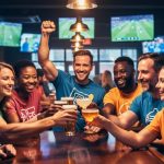 Group of friends in a sports bar wearing custom graphic t-shirts without text, cheering and clinking glasses with blurred TV screens behind them.