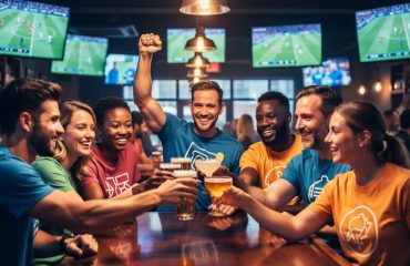 Group of friends in a sports bar wearing custom graphic t-shirts without text, cheering and clinking glasses with blurred TV screens behind them.