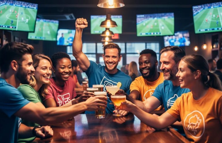 Group of friends in a sports bar wearing custom graphic t-shirts without text, cheering and clinking glasses with blurred TV screens behind them.