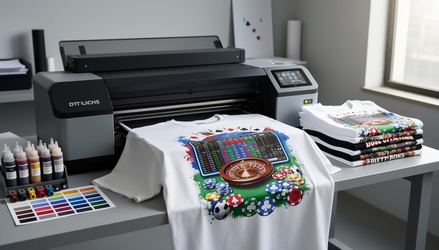 Close-up of direct-to-garment printing process applying colorful design to custom t-shirt