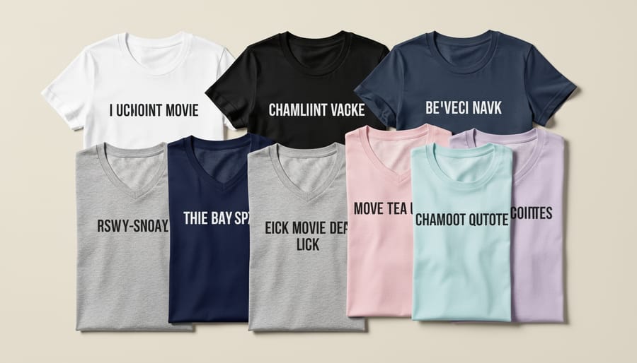 Three folded t-shirts in different colors arranged on wooden surface