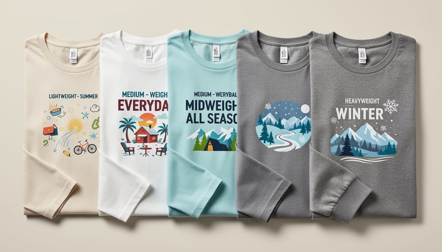 Flat lay of custom printed shirts in various fabric weights on wooden surface