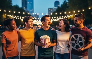 Diverse friends in plain T-shirts laugh together outdoors at dusk, holding popcorn and a film reel, with warm string lights and a softly blurred park behind them.