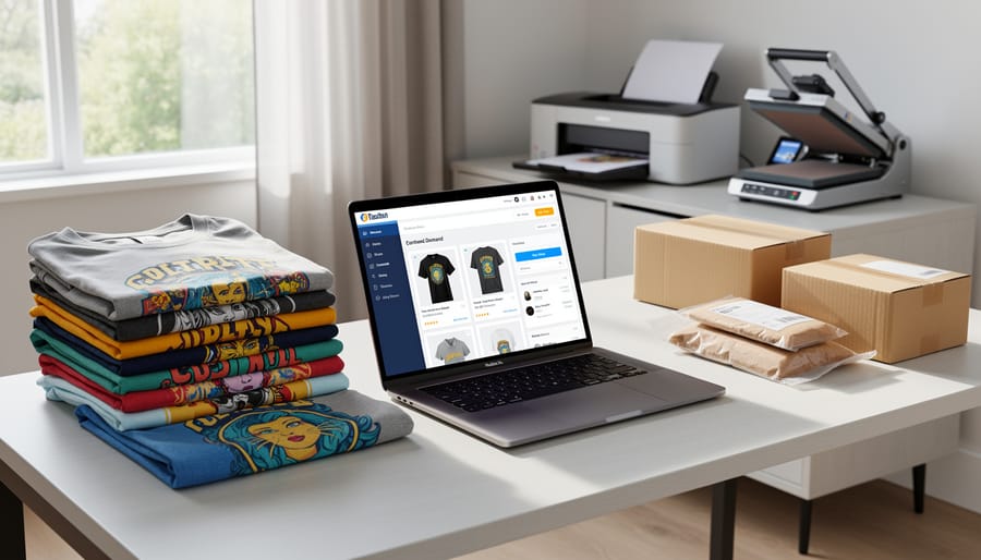 Entrepreneur working on laptop in home office with t-shirt products visible