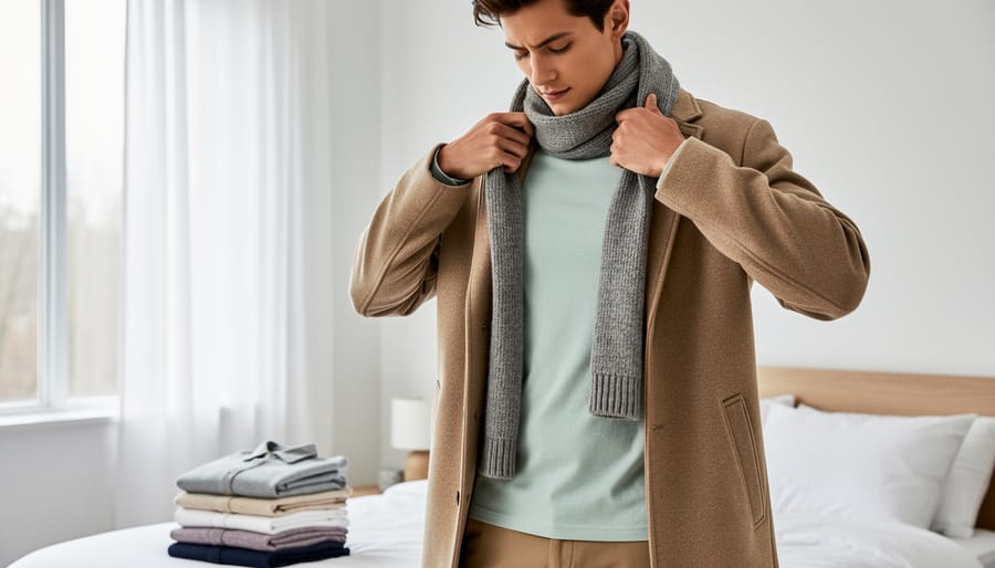 Person wearing layered clothing with summer weight t-shirt as base layer under winter jacket