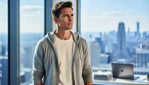 Professional wearing a light gray merino hoodie over a cream long-sleeve shirt by an office window, sleeves pushed up, with a blurred desk, laptop, and cardigan; bright summer cityscape outside, illustrating breathable winter layering for cool indoor environments.
