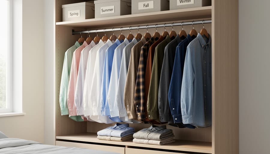 Organized closet showing custom shirts arranged for year-round wear