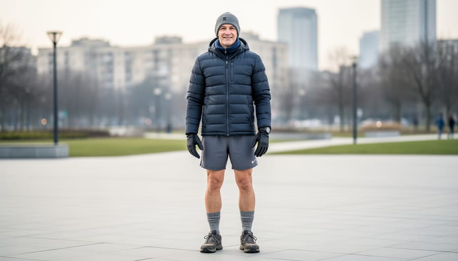 Close-up of a person’s layered winter clothing with warm jacket and gloves over shorts
