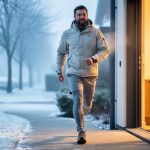 Person wearing shorts and thermal leggings walking outside in winter from a warm doorway into a snowy, cold environment.