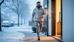 Person wearing shorts and thermal leggings walking outside in winter from a warm doorway into a snowy, cold environment.