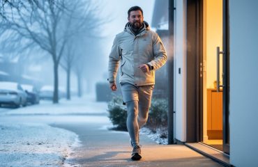 Person wearing shorts and thermal leggings walking outside in winter from a warm doorway into a snowy, cold environment.
