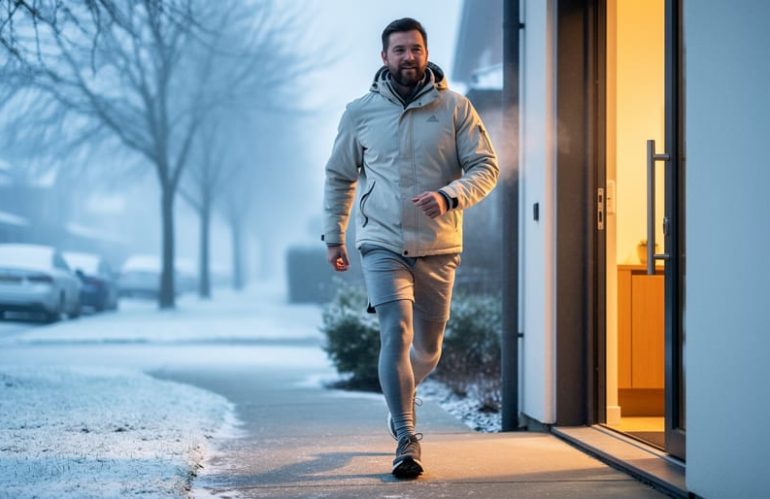 Person wearing shorts and thermal leggings walking outside in winter from a warm doorway into a snowy, cold environment.