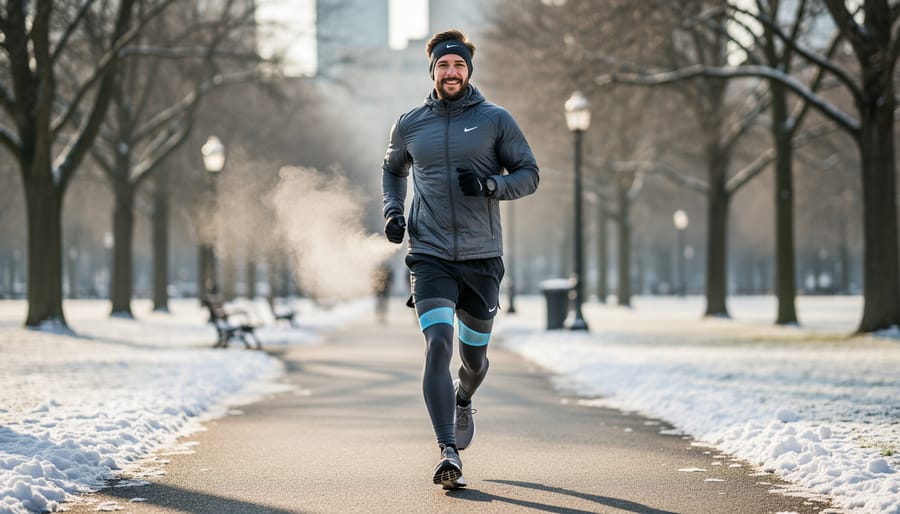 Adult runner wearing winter shorts with a warm base layer outdoors in cold weather