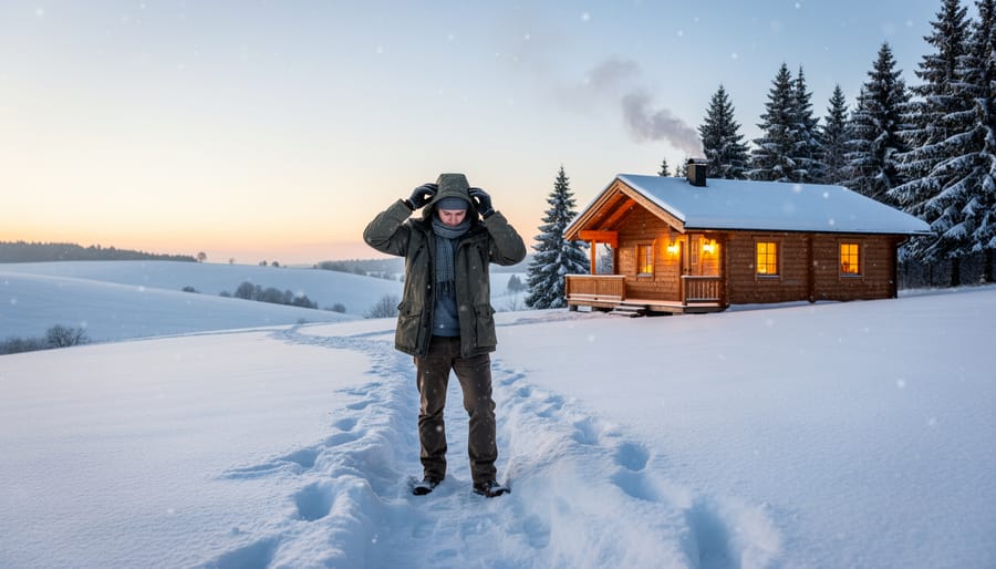 Person sitting outdoors in winter wearing a warm jacket and hat with shorts visible underneath, holding a hot drink