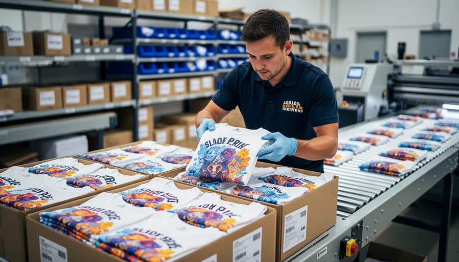 Hands carefully placing a newly printed graphic onto a custom T-shirt in a print shop