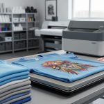 Close-up of a printing workbench with blank t-shirts and a heat press actively preparing custom apparel in a clean production environment.