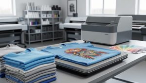 Close-up of a printing workbench with blank t-shirts and a heat press actively preparing custom apparel in a clean production environment.