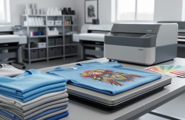 Close-up of a printing workbench with blank t-shirts and a heat press actively preparing custom apparel in a clean production environment.