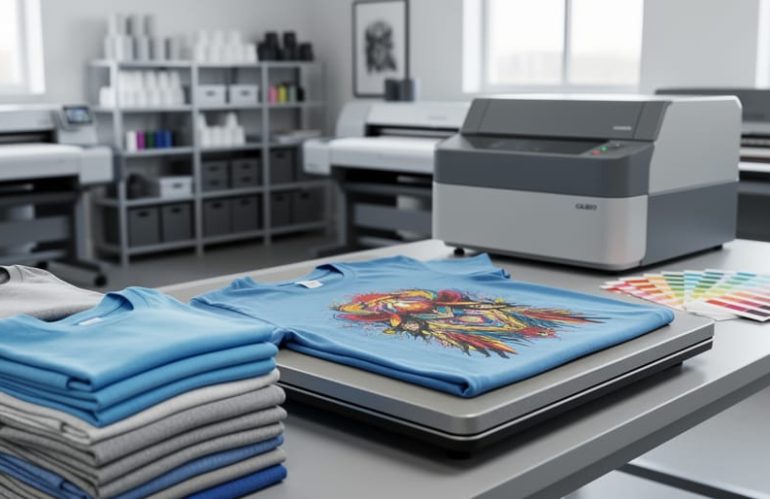 Close-up of a printing workbench with blank t-shirts and a heat press actively preparing custom apparel in a clean production environment.