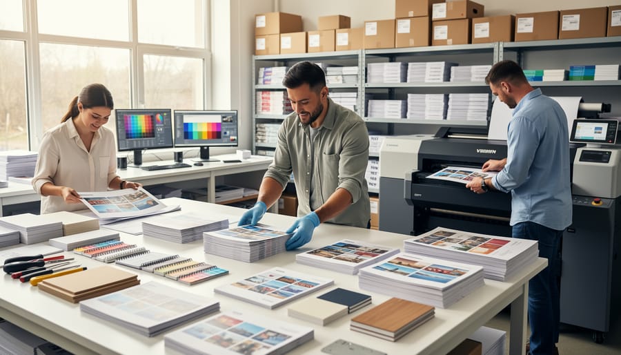 Team members reviewing stacks of custom T-shirts on a printing production table