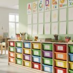 “Bright preschool classroom with child-height storage bins, classroom learning displays, and visible teaching materials representing environmental print.”