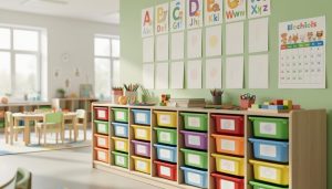 “Bright preschool classroom with child-height storage bins, classroom learning displays, and visible teaching materials representing environmental print.”