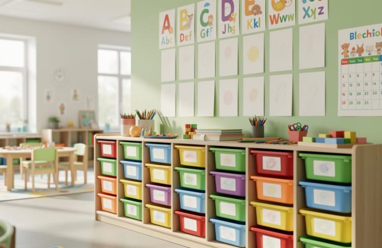 “Bright preschool classroom with child-height storage bins, classroom learning displays, and visible teaching materials representing environmental print.”