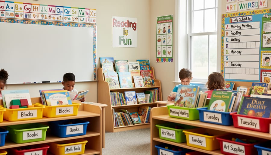 Wide view of a classroom reading corner with organized bins, a calendar board, and posters without visible text
