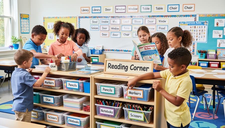Students’ hands placing blank name tags and organizing labeled cubbies in a classroom