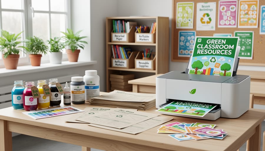 Close-up of recycled kraft paper and seed-paper sheets near water-based ink and a printer in a workspace