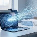 A modern laptop with subtle glowing AI light effects, with a blurred custom printing setup in the background suggesting fast loan matching for a small print business.