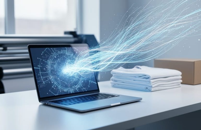 A modern laptop with subtle glowing AI light effects, with a blurred custom printing setup in the background suggesting fast loan matching for a small print business.