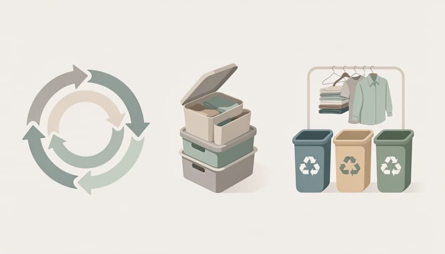 Finished custom shirts and a reusable garment bag next to a recycling setup in a print shop