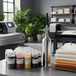“Modern eco-friendly printing press with water-based ink containers and organic cotton t-shirts in a bright, clean print shop.”