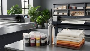 “Modern eco-friendly printing press with water-based ink containers and organic cotton t-shirts in a bright, clean print shop.”