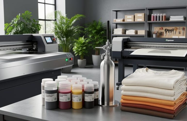 “Modern eco-friendly printing press with water-based ink containers and organic cotton t-shirts in a bright, clean print shop.”