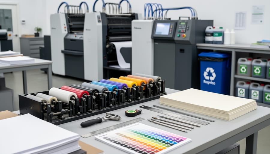 Screen printing tools including a squeegee and ink tray on a workbench with folded blank shirts in the background
