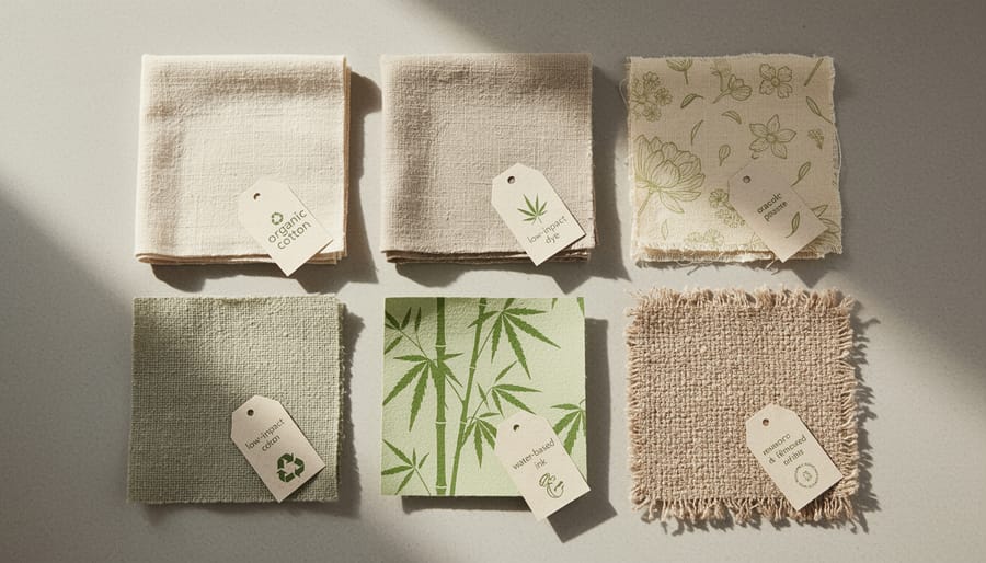 Folded eco-friendly fabrics with visible cotton and synthetic textures on a bright work surface