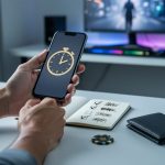 “Hands holding a smartphone showing a timer symbol alongside a notebook with checkmarks, with casino chips and a wallet on a desk representing responsible online casino play.”