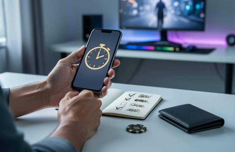 “Hands holding a smartphone showing a timer symbol alongside a notebook with checkmarks, with casino chips and a wallet on a desk representing responsible online casino play.”