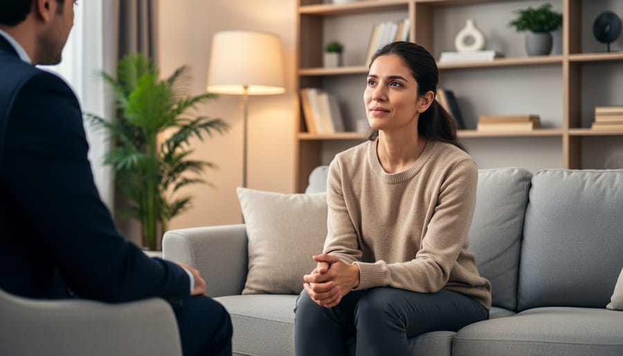 Person in a living room holding a phone, implying reaching out for help