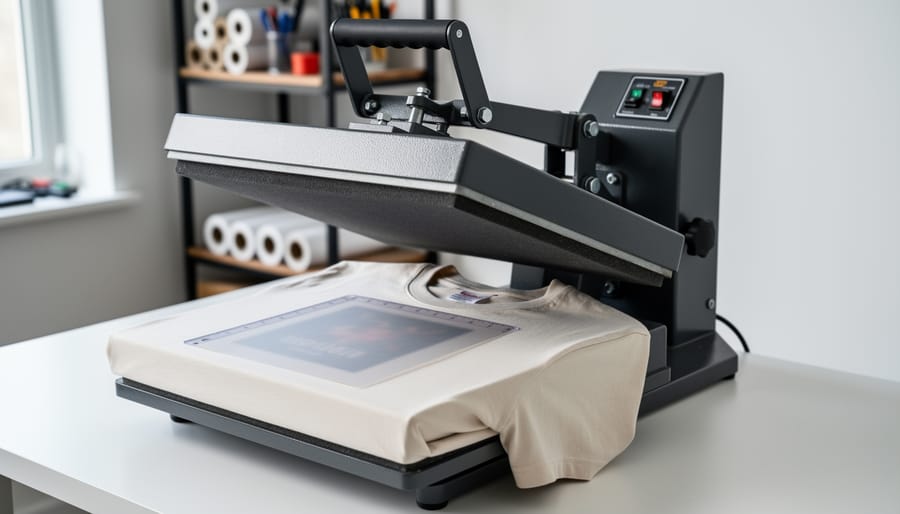 Heat press machine with a shirt and heat transfer vinyl aligned on the platen before pressing