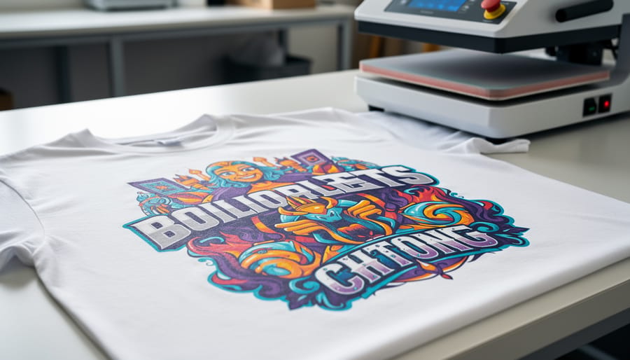 Heat-pressed T-shirt showing a completed, crisp design being revealed from the heat press
