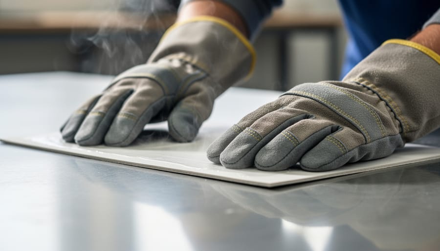 Gloved hands pressing a heat transfer onto a T-shirt on a heat press platen