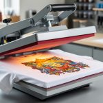 A clamshell heat press pressing a custom transfer onto a white T-shirt in a clean workshop setup.